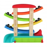 Pista da corsa a cascata per macchinine con 4 veicoli, legno e plastica, 33 × 32 × 10 cm