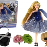 Bambola Emily con cagnolino, borsetta e fiori