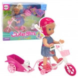 Set mini bambola con bicicletta, rimorchio e cagnolino bianco