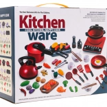 Set rosso di pentole con cucina e accessori