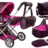 Passeggino per bambole Alice con marsupio e borsa nero-rosa