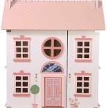 casa delle bambole in legno con tetto rosa e accessori