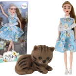 Bambola Emily primaverile con capelli lunghi in abito blu e con gattino