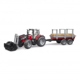 BRUDER trattore MASSEY FERGUSON 7480 con caricatore frontale e rimorchio per tronchi