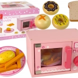 Forno a microonde in legno per bambini – set rosa con cibo