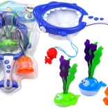 Giochi da bagno 2in1: retino squalo e canestro con pesciolini e alghe