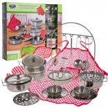 Set da cucina in metallo per bambini, 23 pezzi con stoviglie, posate e grembiule da chef
