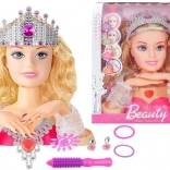 Testa di bambola per styling con corona e accessori