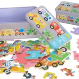 Puzzle con mezzi di trasporto in scatola di latta