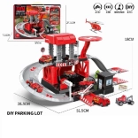 Set parcheggio con auto dei pompieri in metallo e elicottero