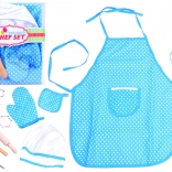 Set da cucina per bambini con grembiule blu a pois, cappello, guanto e strumenti da forno