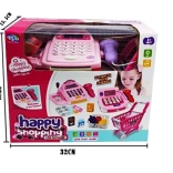 Cassa con carrello da supermercato e acquisti