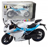 moto sportiva in metallo 1:12 con luci e suoni – bianco‑blu