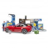Bruder stazione di servizio con auto sportiva e 2 figurine