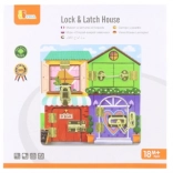 Tavola sensoriale in legno a forma di casetta Montessori con serrature e catenacci