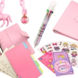 Blocco note rosa con accessori e design in pelle